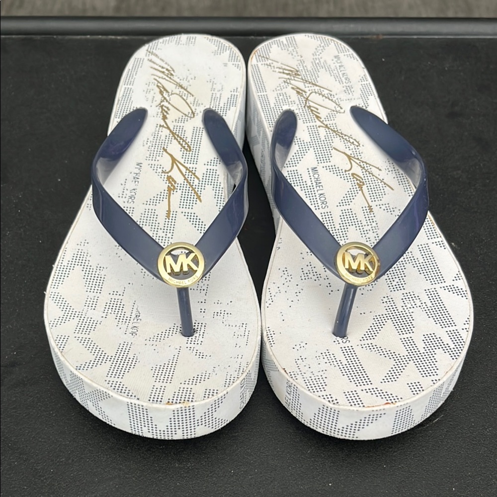 Navy and White Flip Flops with Gold Logo
